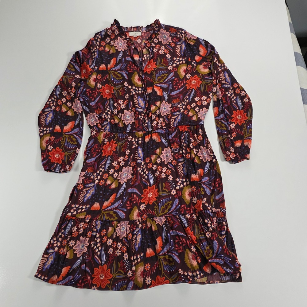Loft Outlet Floral Ruffle Neck Tiered Mini Dress XL Plum Red Long Sleeve Boho